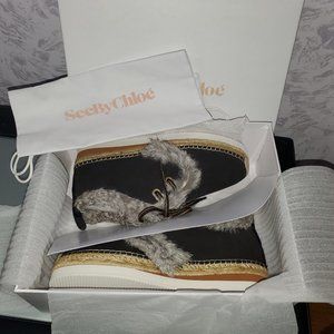 SEE BY CHLOÉ Glyn Rabbit Fur Trim Suede Lace-Up Espadrille